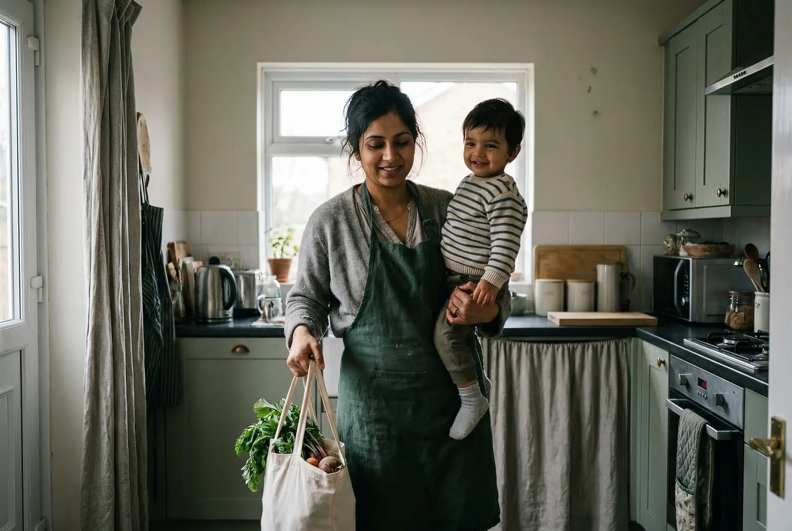 Mujer levantando a un niño pequeño en la cocina